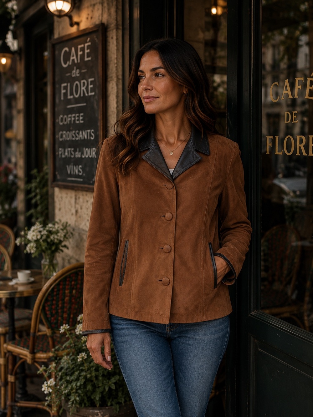 Brown Suede Jacket with Black Leather Collar